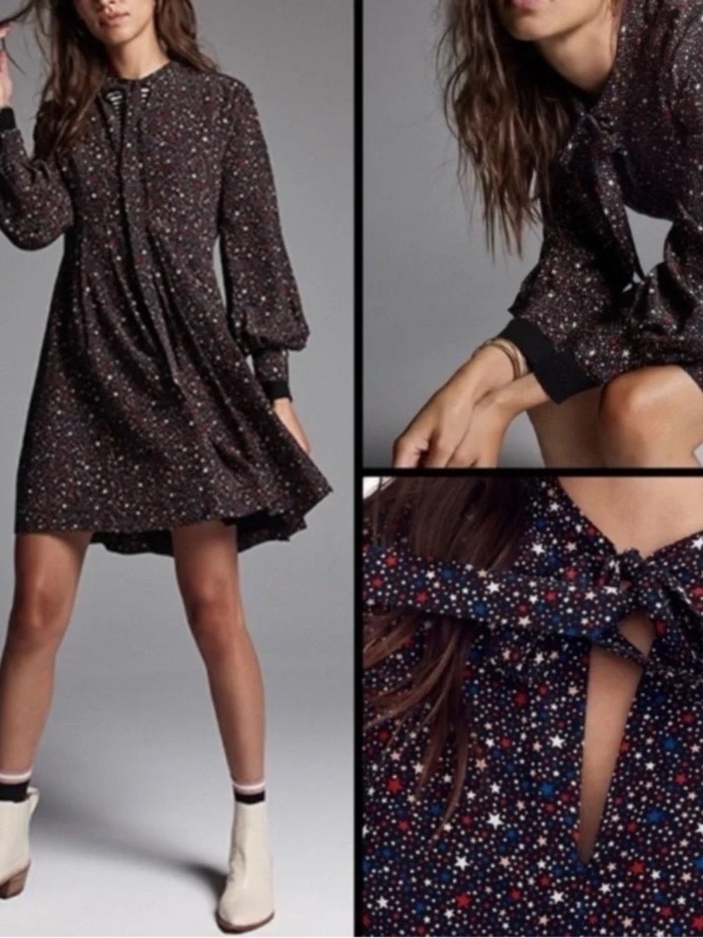 Madewell Black Star-Print Mini Dress with Red + White + Blue Accents- Size 14